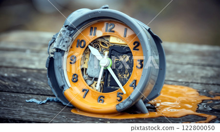 Melted alarm clock with exposed gears and orange dial Melted alarm clock with exposed gears and orange dial 122800050