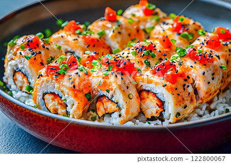 Sushi roll with tuna, salmon, smoked coal, shrimp, egg omelette, 122800067