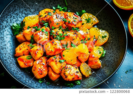 Orange chicken, Deep fried chicken breast with orange juice sauce. 122800068