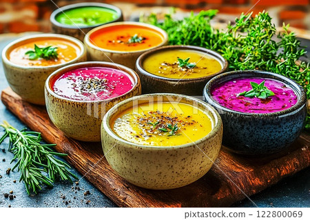 Set of tasty soups in bowls on white background, top view 122800069