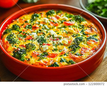 Frittata or casserole with broccoli and vegetables in baking dish. Vegetarian recipe. 122800072
