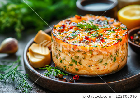 Cod liver pate. Traditional cold spread on bread 122800080