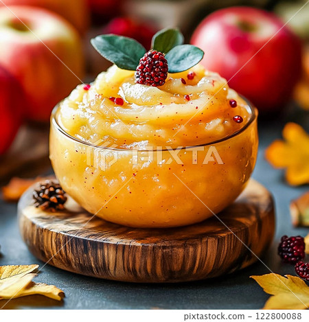 Homemade applesauce in small glass bowls with organic golden delicious apples and cinnamon. Homemade applesauce in small glass bowls with organic golden delicious apples and cinnamon. 122800088