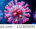 Macro of micro hi tech virus molecule is analyzed with microscope for vaccine. Concept of medicine, science, coronavirus, pandemia. 122800095