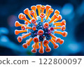 Macro of micro hi tech virus molecule is analyzed with microscope for vaccine. Concept of medicine, science, coronavirus, pandemia. 122800097