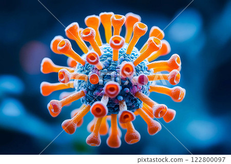 Macro of micro hi tech virus molecule is analyzed with microscope for vaccine. Concept of medicine, science, coronavirus, pandemia. 122800097