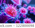Macro of micro hi tech virus molecule is analyzed with microscope for vaccine. Concept of medicine, science, coronavirus, pandemia. 122800098