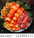Thinly sliced of salmon, tuna and king fish, served with fresh lemon 122800111
