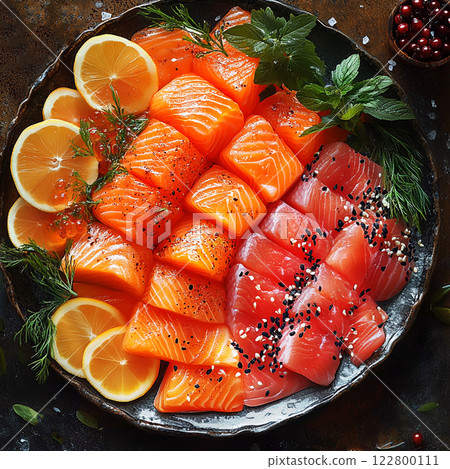 Thinly sliced of salmon, tuna and king fish, served with fresh lemon Thinly sliced of salmon, tuna and king fish, served with fresh lemon 122800111