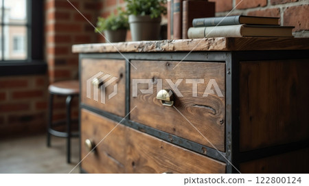 Industrial chest of drawers with wood, metal, and vintage decor 122800124