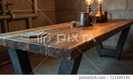 Industrial table with reclaimed wood and vintage metal accents. Industrial table with reclaimed wood and vintage metal accents. 122800140