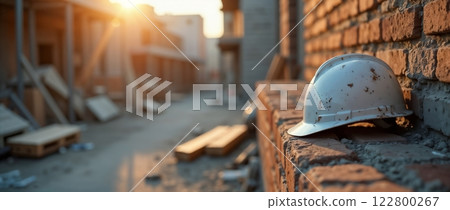 White dirty construction helmet on a brick wall 122800267
