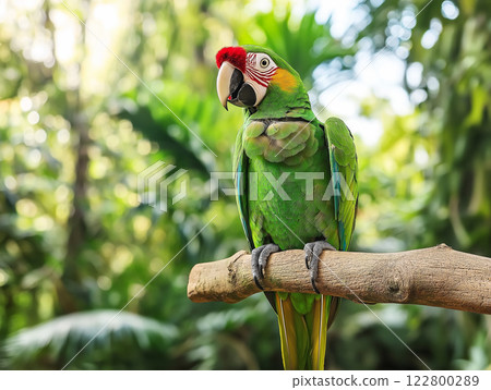 Green parrot with a red forehead sitting on a branch 122800289