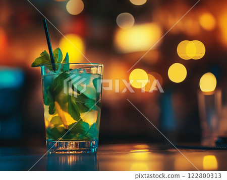 A refreshing mojito cocktail with mint leaves, ice, and a straw in a glass on a bar counter 122800313