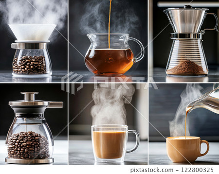 Collage of various coffee brewing methods featuring steaming cups, coffee beans, glassware 122800325