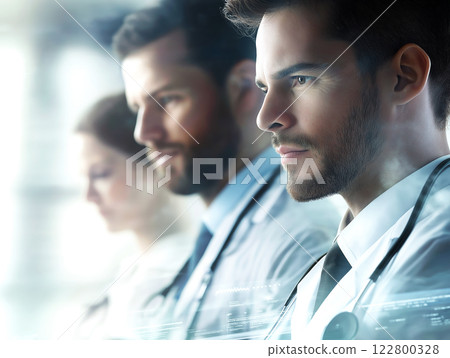 Futuristic medical team of doctors in white coats with stethoscopes, focused on technology and innovation 122800328