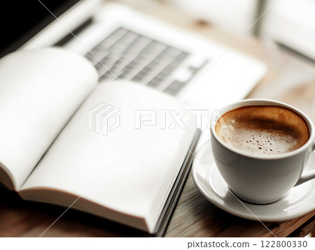 Open book and a cup of coffee on a wooden table with a blurred laptop in the background Open book and a cup of coffee on a wooden table with a blurred laptop in the background 122800330