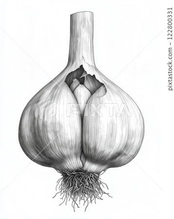 Highly detailed black and white engraving-style illustration of a garlic bulb 122800331