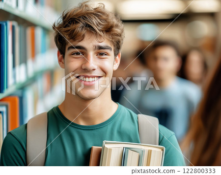 Smiling young male student with a backpack holding books in a library with blurred students 122800333
