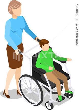 Nurse pushing a wheelchair with a young patient, highlighting the importance of healthcare support and mobility assistance within a medical environment, promoting recovery and wellbeing 122800337