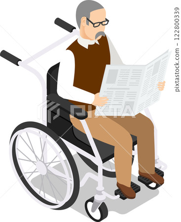 Elderly man with glasses and a mustache reading a newspaper while sitting in a wheelchair, savoring moments of leisure and relaxation in his comfortable lifestyle 122800339