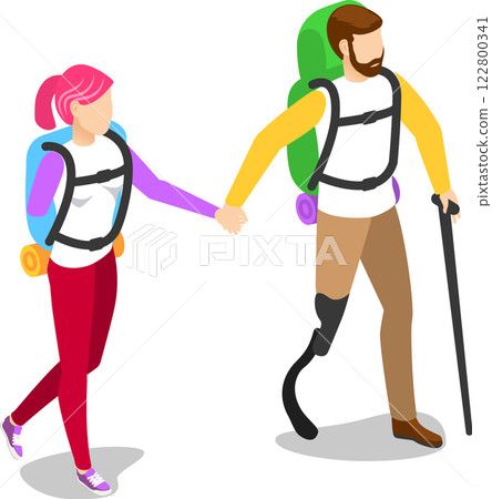 Isometric hikers with backpacks holding hands and walking, overcoming challenges and enjoying the journey together, promoting inclusivity and perseverance in outdoor activities 122800341