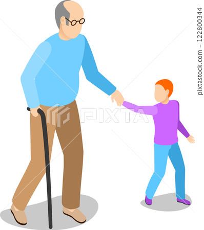 Elderly man walking with a cane while holding hands with a young child, symbolizing the deep family bonds, care, and support that thrive across generations 122800344