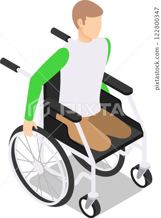 Isometric illustration featuring a young man with paraplegia navigating in a wheelchair, actively pushing the wheel with his hand, symbolizing independence and determination 122800347