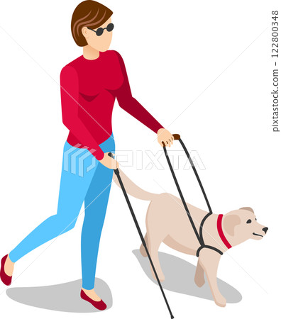 Visually impaired woman walking outdoors, guided by her loyal service dog while using a white cane, embracing independence and enjoying the companionship of her canine friend 122800348