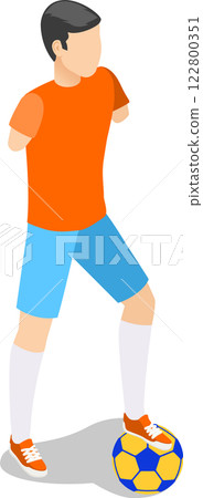 Young sportsman with amputated arms, dressed in an orange t shirt, blue shorts, white socks, and orange sneakers, skillfully playing soccer using his foot on the field Young sportsman with amputated arms, dressed in an orange t shirt, blue shorts, white socks, and orange sneakers, skillfully playing soccer using his foot on the field 122800351
