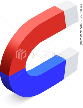 Horseshoe magnet with opposite poles attracting each other, creating magnetic force, science and physics concept, simple and colorful illustration on white background 122800361