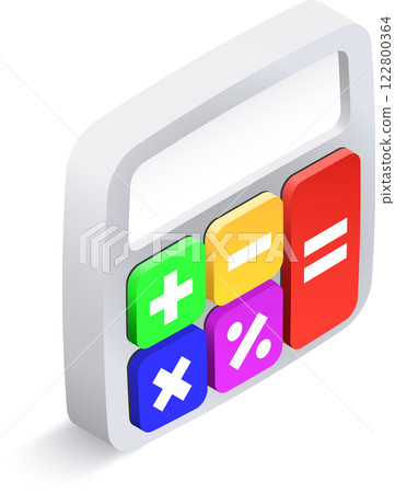 Colorful calculator featuring symbols for addition, subtraction, multiplication, division, percentage, and equals, designed for efficient calculations in various settings 122800364