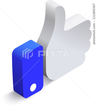 Blue and white 3D isometric thumbs up symbol conveying approval, agreement, and positive feedback, representing social media engagement and encouraging communication 122800367