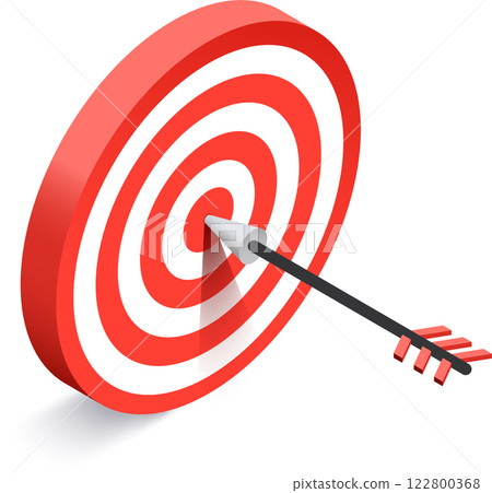 Arrow striking the center of a vibrant red and white target, symbolizing the achievement of goals and the triumph of winning in business and marketing strategy Arrow striking the center of a vibrant red and white target, symbolizing the achievement of goals and the triumph of winning in business and marketing strategy 122800368