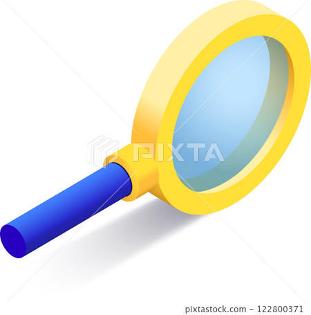 Magnifying glass with a blue handle and yellow lens casting a shadow, emphasizing exploration, analysis, and discovery against a white background Magnifying glass with a blue handle and yellow lens casting a shadow, emphasizing exploration, analysis, and discovery against a white background 122800371