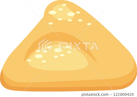 Close up of a golden brown, triangular piece of bread, adorned with sesame seeds, resting against a white backdrop, emphasizing the texture and simplicity of the baked good 122800420