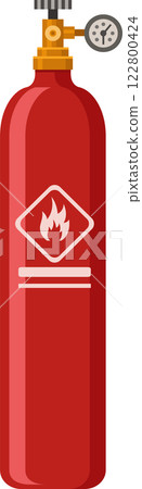 Flammable gas cylinder featuring a pressure gauge, valve, and a flame symbol indicating its hazardous contents, emphasizing industrial safety and gas storage Flammable gas cylinder featuring a pressure gauge, valve, and a flame symbol indicating its hazardous contents, emphasizing industrial safety and gas storage 122800424