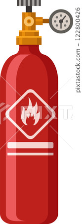 Flammable gas cylinder with pressure gauge, safety valve and warning sign, showing pressure and representing potential hazard requiring careful handling and storage 122800426