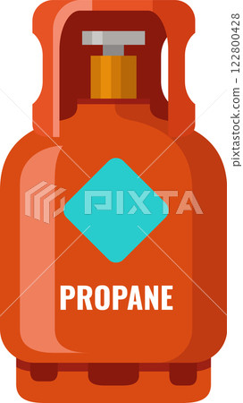 Orange propane gas cylinder with safety handle and label containing flammable pressurized gas, used for camping, cooking, heating and industrial purposes 122800428