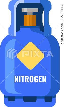 Blue nitrogen gas cylinder with valve and yellow rhombus sign emphasizing safe storage and transport of nitrogen, an essential element across various industries 122800432