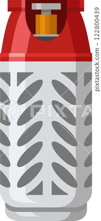 Camping gas cylinder featuring a safety grid and a striking red valve, isolated against a clean white background, perfect for outdoor cooking, heating, and adventurous excursions 122800439