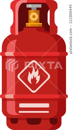 Red gas cylinder featuring a prominent flammable warning sign, indicating the presence of hazardous materials and emphasizing the importance of safe handling and storage practices Red gas cylinder featuring a prominent flammable warning sign, indicating the presence of hazardous materials and emphasizing the importance of safe handling and storage practices 122800445