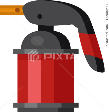 Red and black portable gas burner, emitting a steady flame, serves as an essential tool for cooking, camping, and various outdoor activities that require precise flame control 122800447