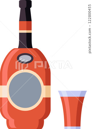 Bottle and shot glass containing red liquor, celebrating concept, isolated on white background, party and celebration icon, flat vector illustration 122800455