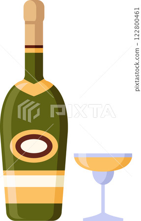 Green champagne bottle featuring a blank label and cork, accompanied by a full glass of sparkling champagne, all isolated against a clean white background Green champagne bottle featuring a blank label and cork, accompanied by a full glass of sparkling champagne, all isolated against a clean white background 122800461