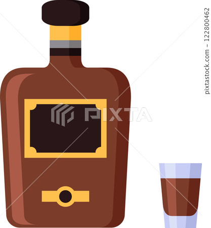 Bottle of liquor with a blank label stands next to a small shot glass containing brown liquor, suggesting a concept of alcohol consumption, bar culture, or relaxation Bottle of liquor with a blank label stands next to a small shot glass containing brown liquor, suggesting a concept of alcohol consumption, bar culture, or relaxation 122800462