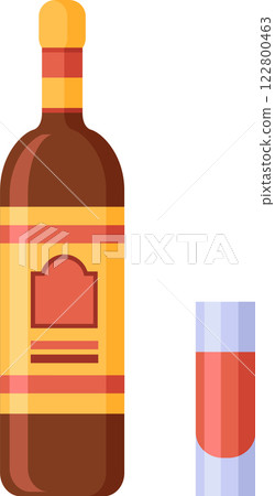 Bottle and glass of liquor with simple label design featuring warm colors, isolated illustration on white background, perfect for beverage and alcohol related projects 122800463