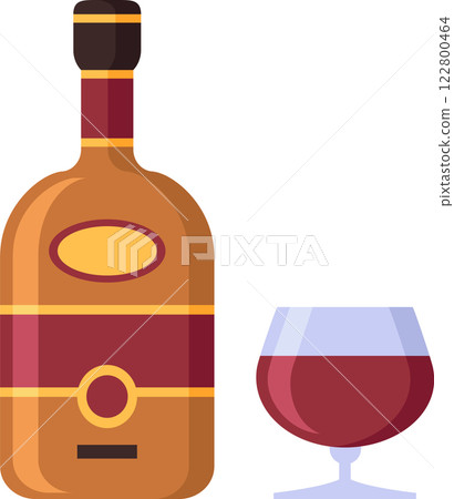 Bottle of brandy with a distinctive label stands alongside a partially filled glass, evoking feelings of celebration, luxury, and enjoyment 122800464