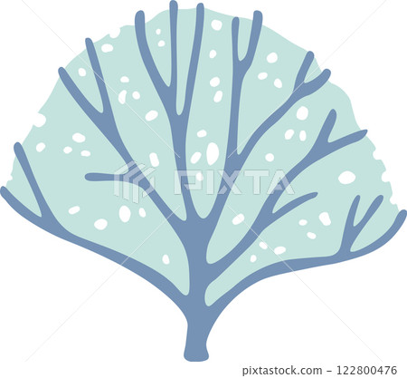 Winter illustration of a ginkgo biloba tree covered in snow, ideal for christmas or winter projects, with a light blue color and white spots 122800476