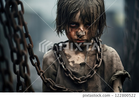 Young poor boy in chains. Prisioner of war. Human rights and freedom concept. Generative Ai 122800522